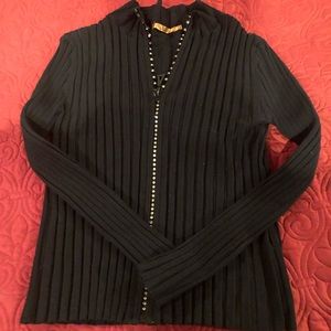 Unique rhinestone zipper ribbed sweater, med/sm bl